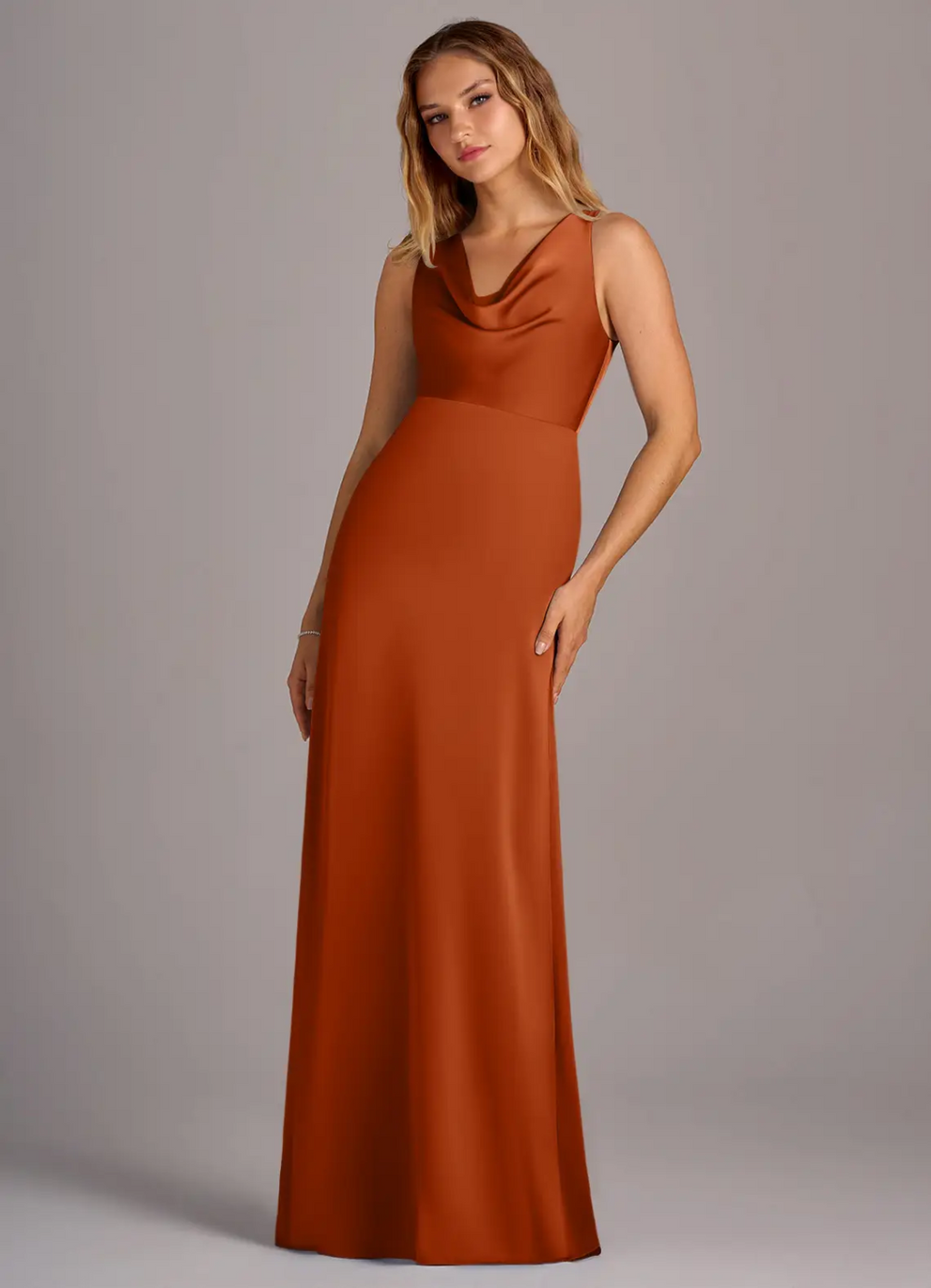 Elegant Satin Sheath Cowl Neck Sleeveless Open Back Floor-Length Bridesmaid Dress for Wedding Events