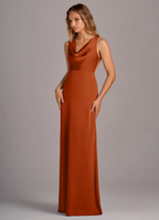 Elegant Satin Sheath Cowl Neck Sleeveless Open Back Floor-Length Bridesmaid Dress for Wedding Events