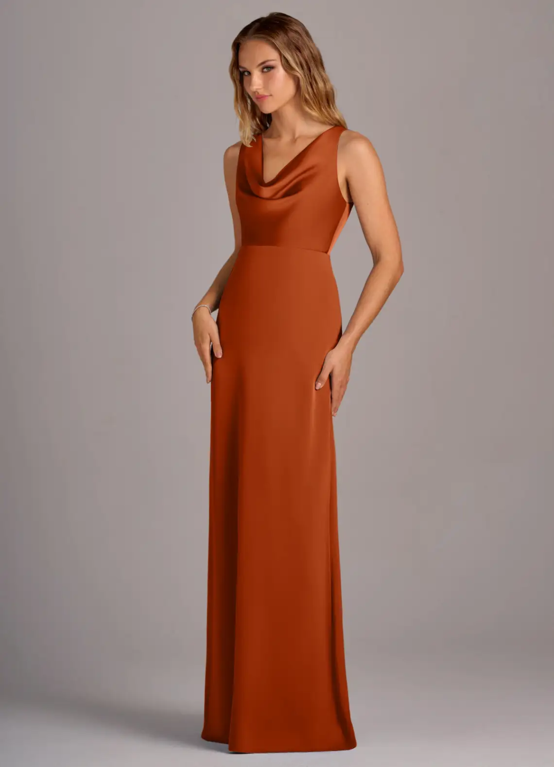 Elegant Satin Sheath Cowl Neck Sleeveless Open Back Floor-Length Bridesmaid Dress for Wedding Events