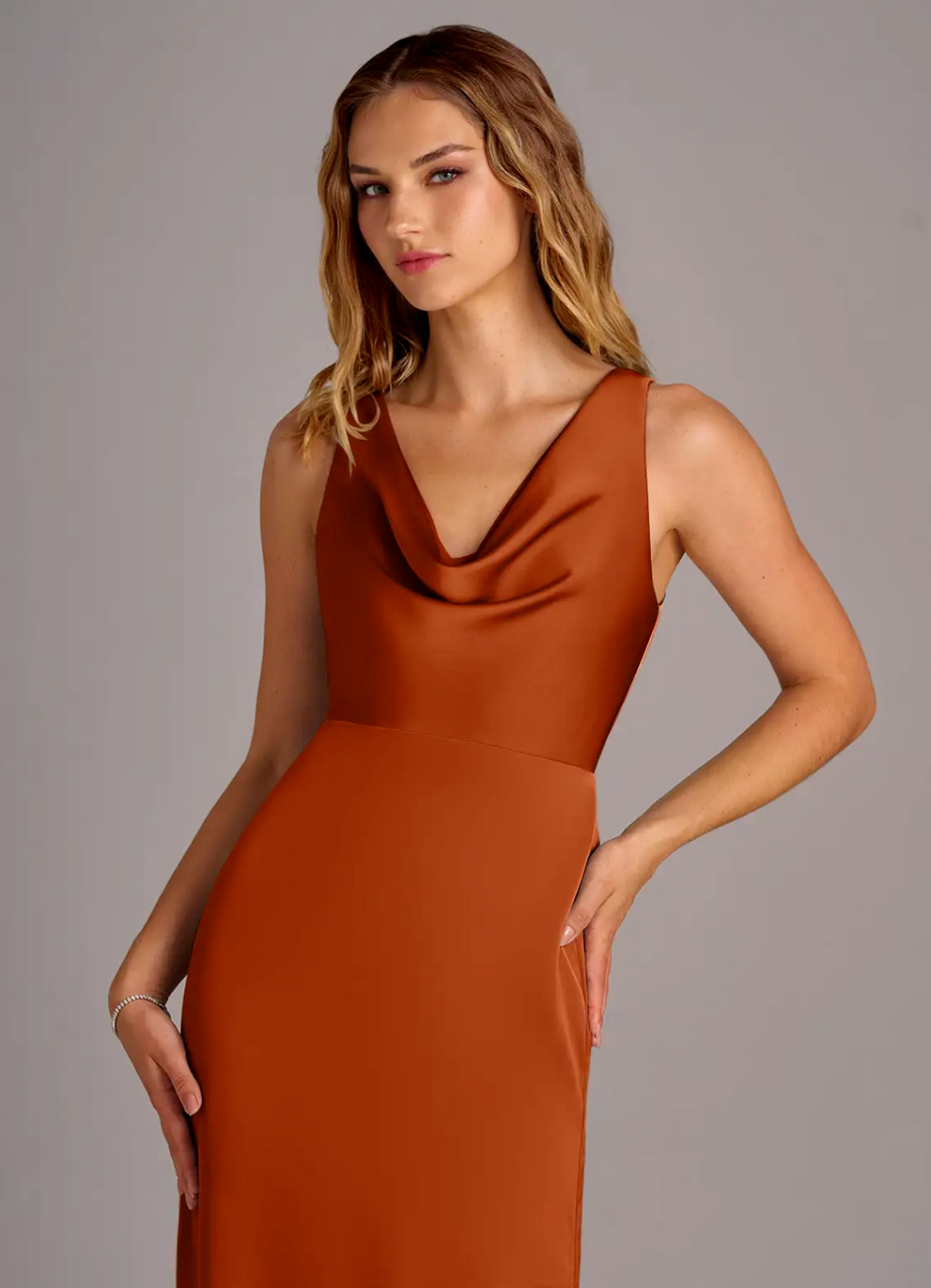 Elegant Satin Sheath Cowl Neck Sleeveless Open Back Floor-Length Bridesmaid Dress for Wedding Events