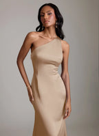 Elegant Satin Sheath One-Shoulder Sleeveless Open-Back Floor-Length Maxi Bridesmaid Dress