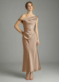 Elegant Satin Sheath One-Shoulder Sleeveless Ruched Midi Bridesmaid Dress with Slit