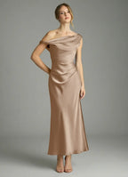 Elegant Satin Sheath One-Shoulder Sleeveless Ruched Midi Bridesmaid Dress with Slit