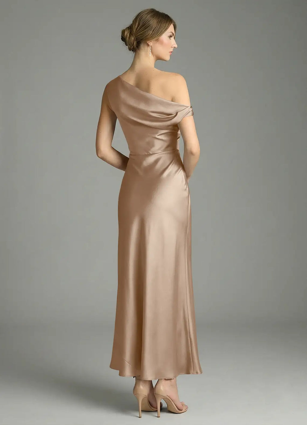 Elegant Satin Sheath One-Shoulder Sleeveless Ruched Midi Bridesmaid Dress with Slit