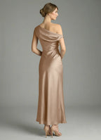 Elegant Satin Sheath One-Shoulder Sleeveless Ruched Midi Bridesmaid Dress with Slit