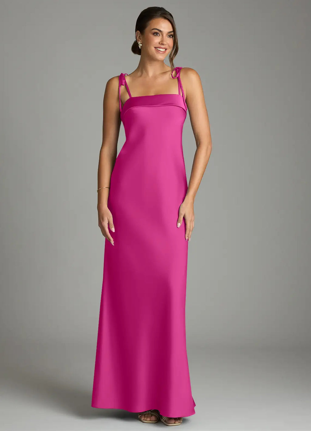 Elegant Satin Sheath Square Neck Tie Shoulder Straps Open Back Floor Length Bridesmaid Dress