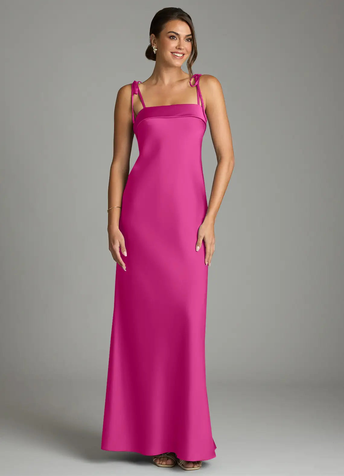 Elegant Satin Sheath Square Neck Tie Shoulder Straps Open Back Floor Length Bridesmaid Dress