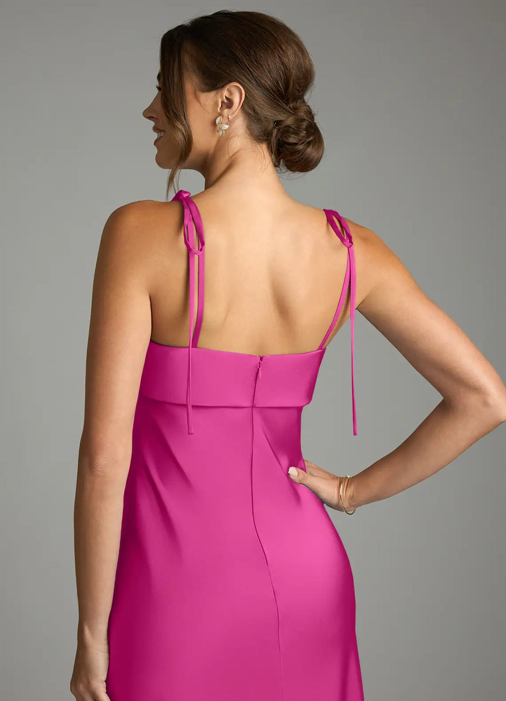 Elegant Satin Sheath Square Neck Tie Shoulder Straps Open Back Floor Length Bridesmaid Dress