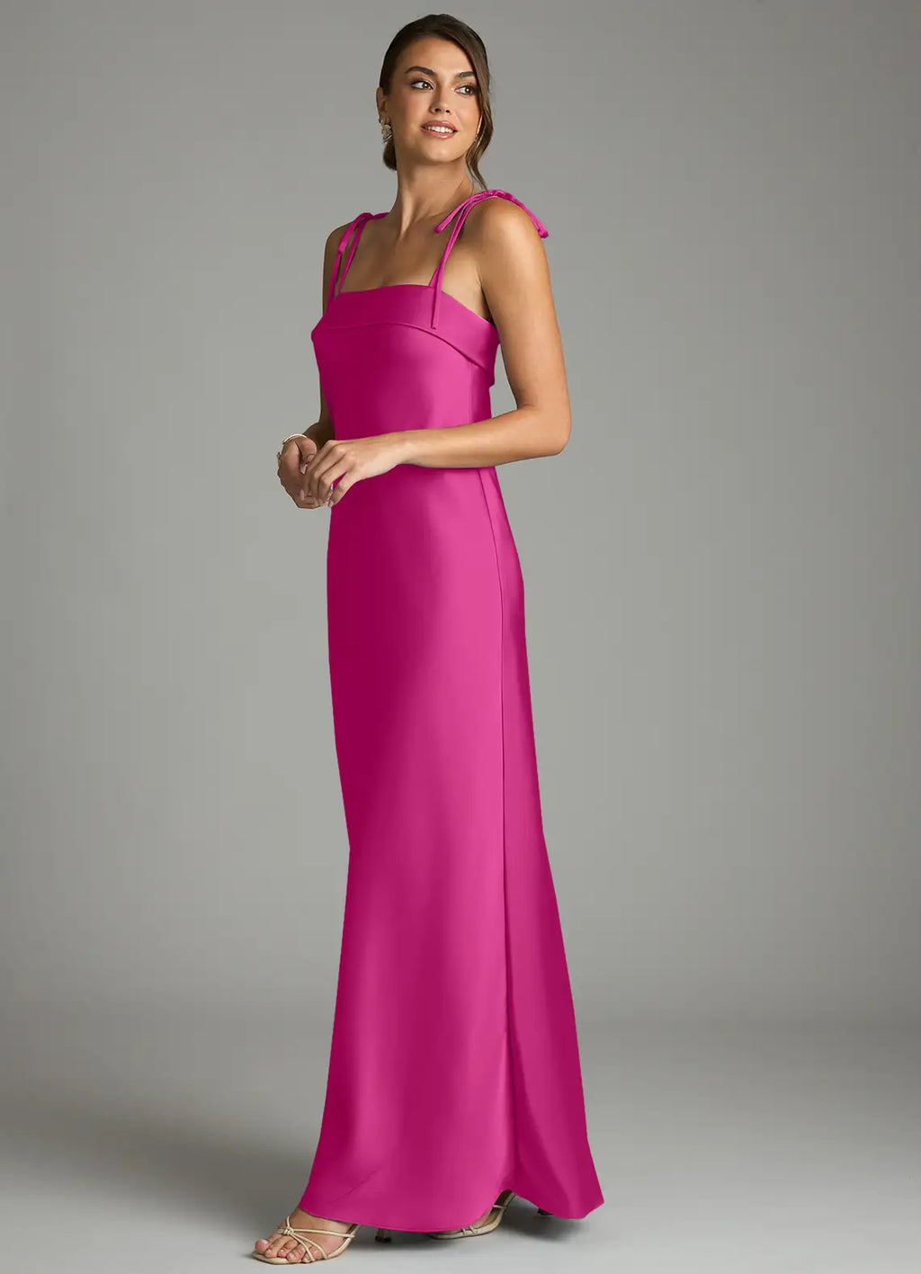 Elegant Satin Sheath Square Neck Tie Shoulder Straps Open Back Floor Length Bridesmaid Dress