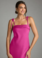 Elegant Satin Sheath Square Neck Tie Shoulder Straps Open Back Floor Length Bridesmaid Dress