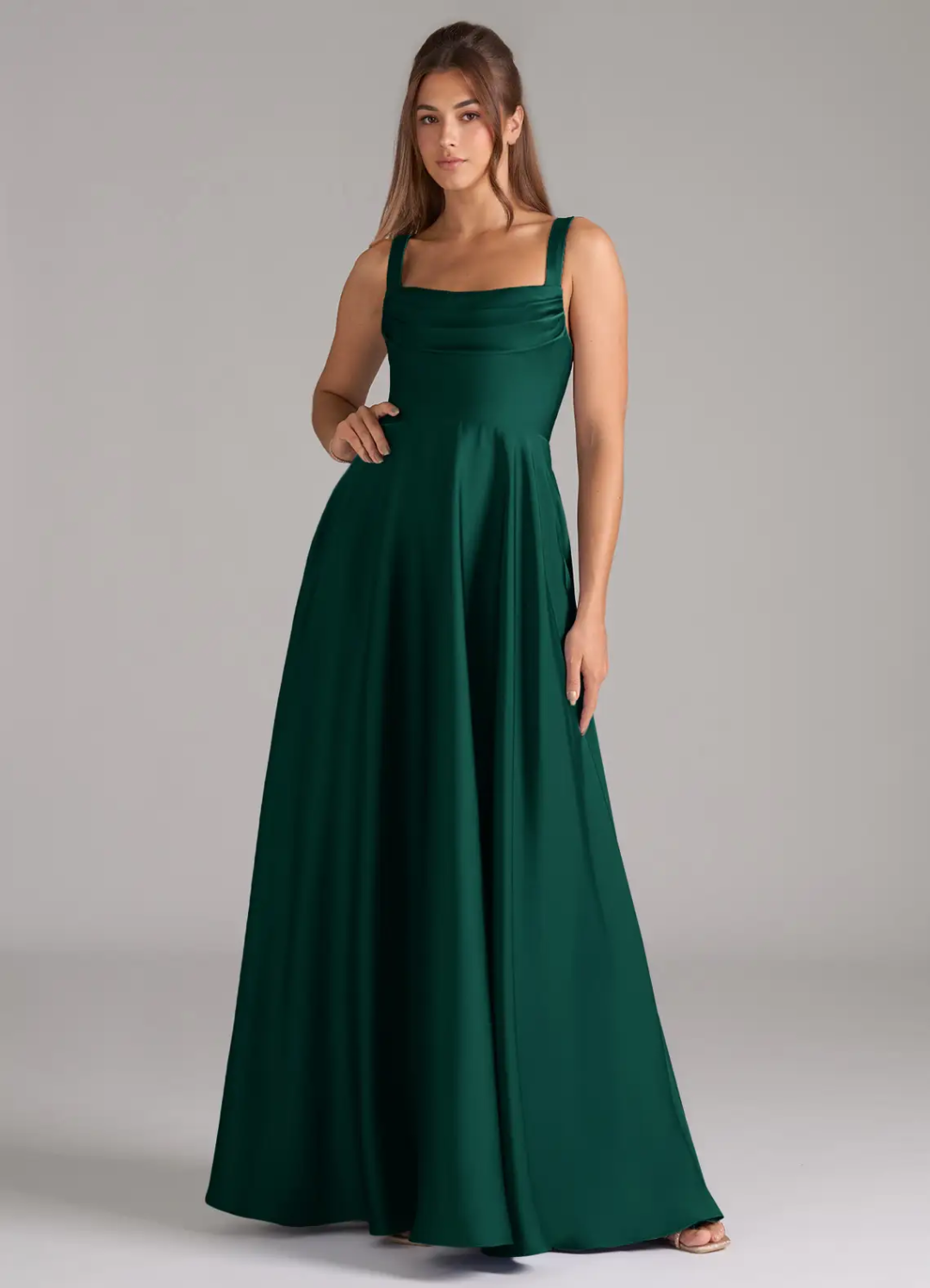 Elegant Satin Square Neck Ruched Bodice Open Back Pocket Floor-Length Bridesmaid Dress
