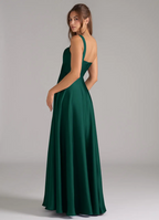 Elegant Satin Square Neck Ruched Bodice Open Back Pocket Floor-Length Bridesmaid Dress