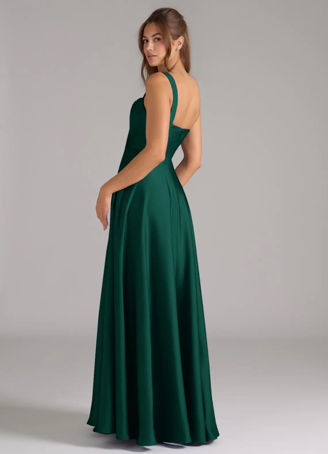 Elegant Satin Square Neck Ruched Bodice Open Back Pocket Floor-Length Bridesmaid Dress