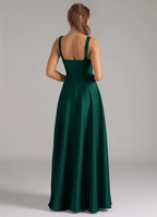 Elegant Satin Square Neck Ruched Bodice Open Back Pocket Floor-Length Bridesmaid Dress