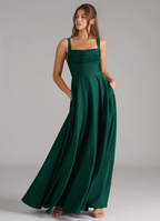 Elegant Satin Square Neck Ruched Bodice Open Back Pocket Floor-Length Bridesmaid Dress
