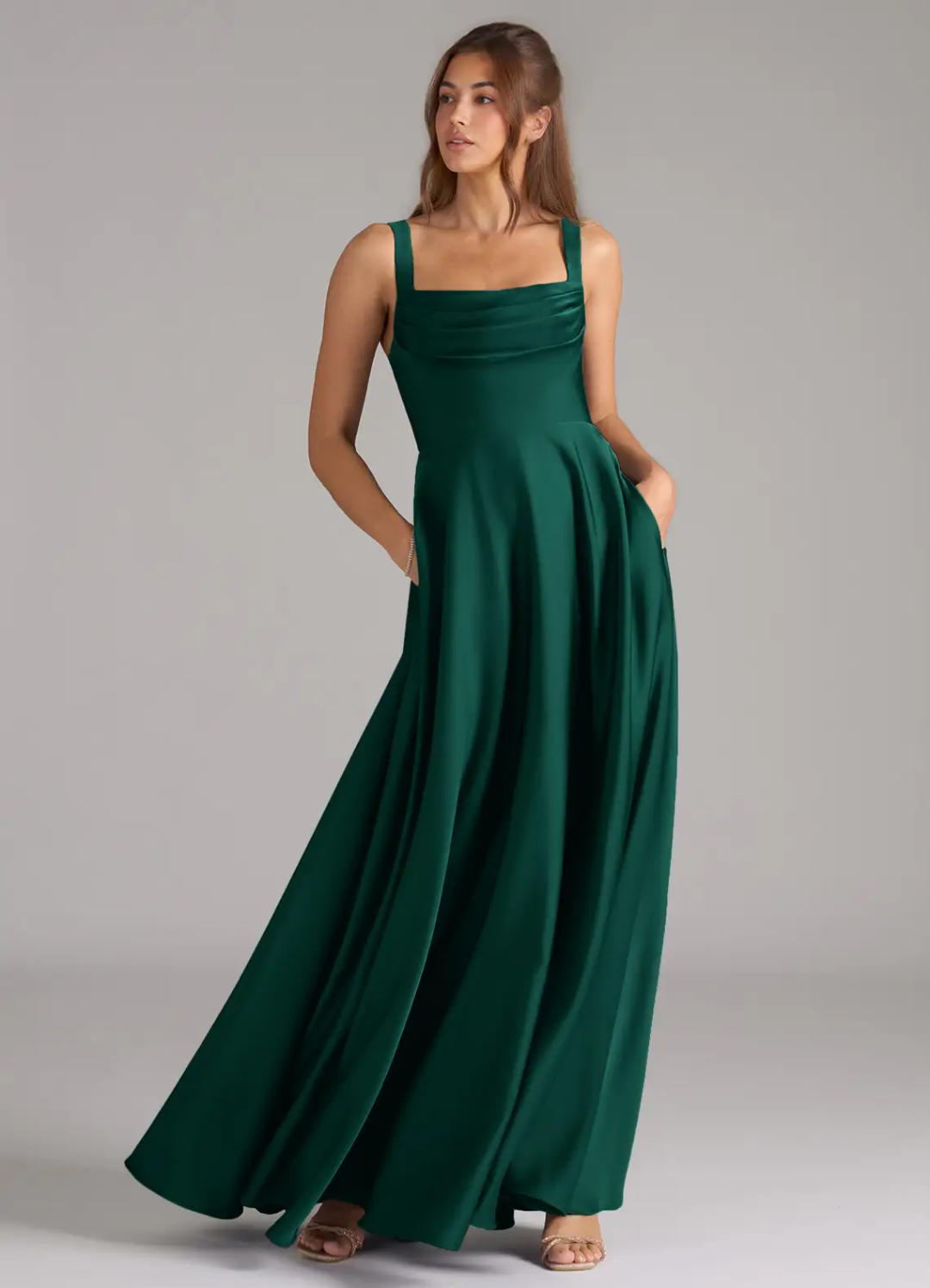 Elegant Satin Square Neck Ruched Bodice Open Back Pocket Floor-Length Bridesmaid Dress