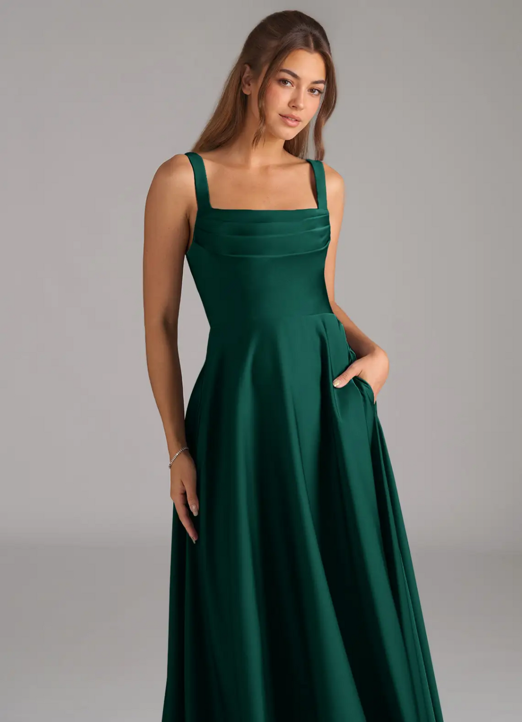 Elegant Satin Square Neck Ruched Bodice Open Back Pocket Floor-Length Bridesmaid Dress