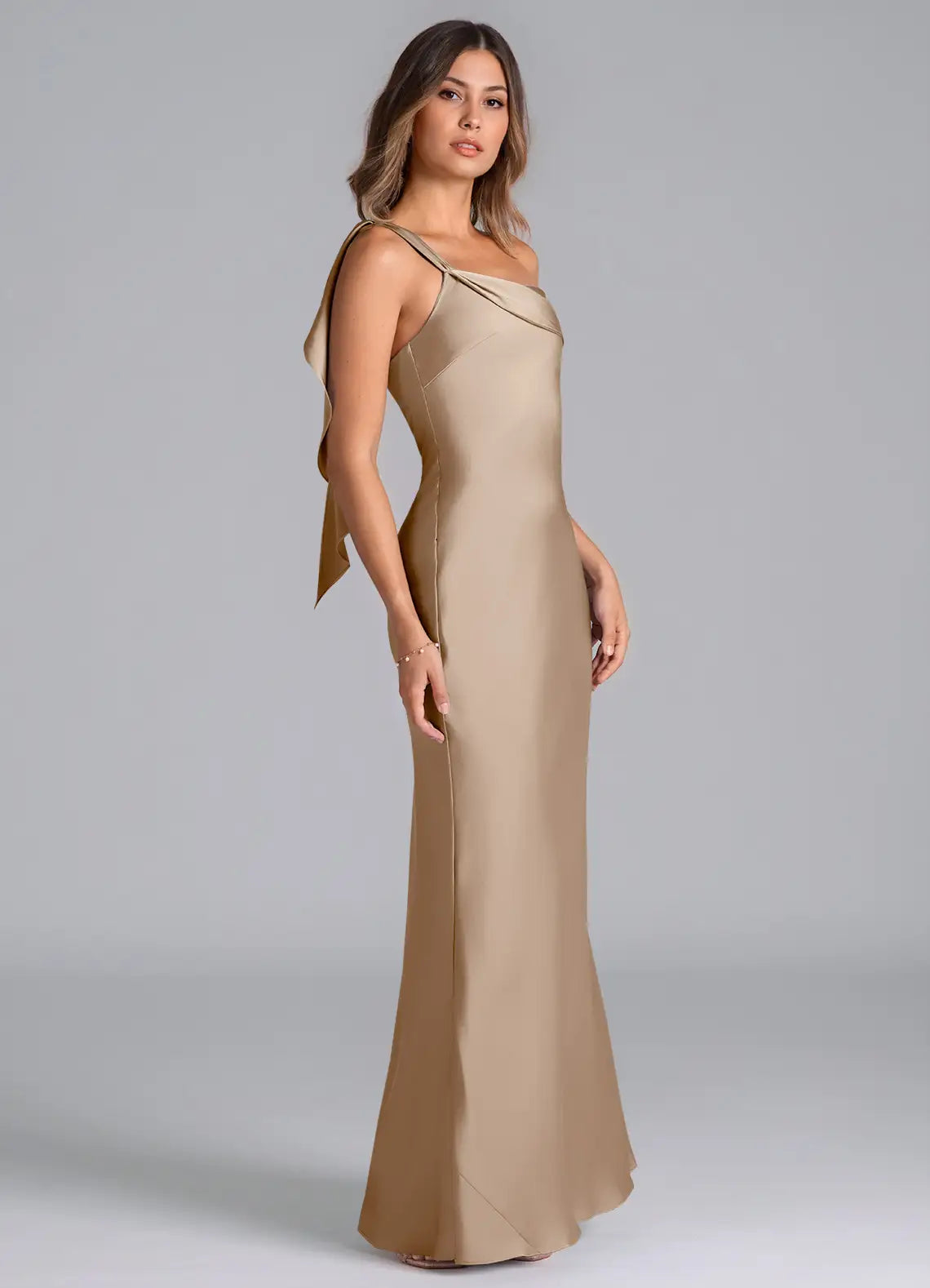 Elegant Satin Trumpet One-Shoulder Sleeveless Open-Back Floor-Length Bridesmaid Dress with Bow
