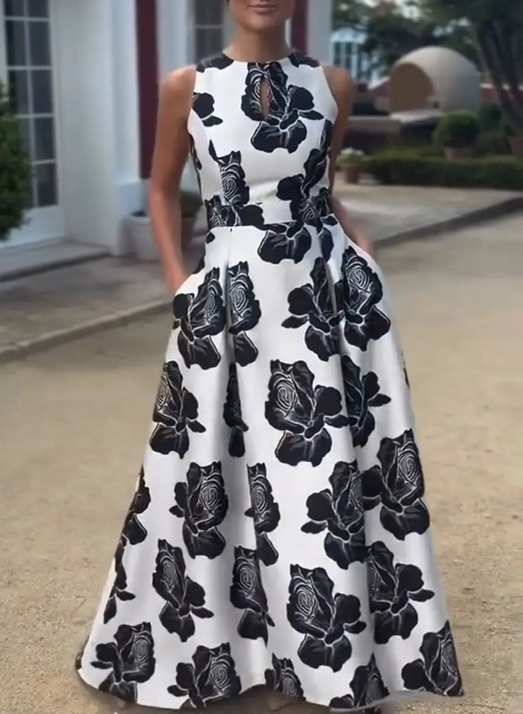 Scoop Neck Sleeveless A-Line Flower Printed Long Prom Dress