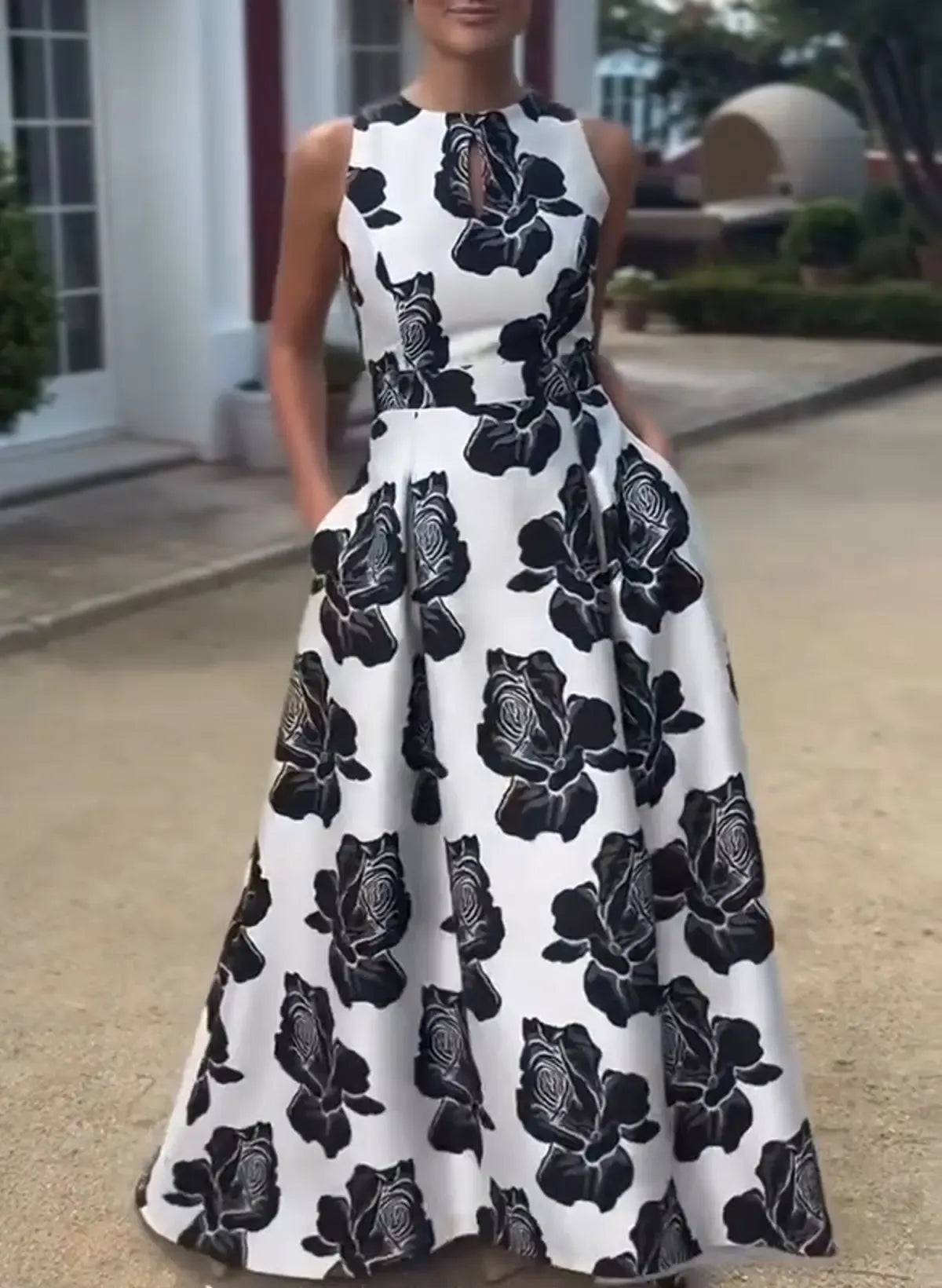 Scoop Neck Sleeveless A-Line Flower Printed Long Prom Dress