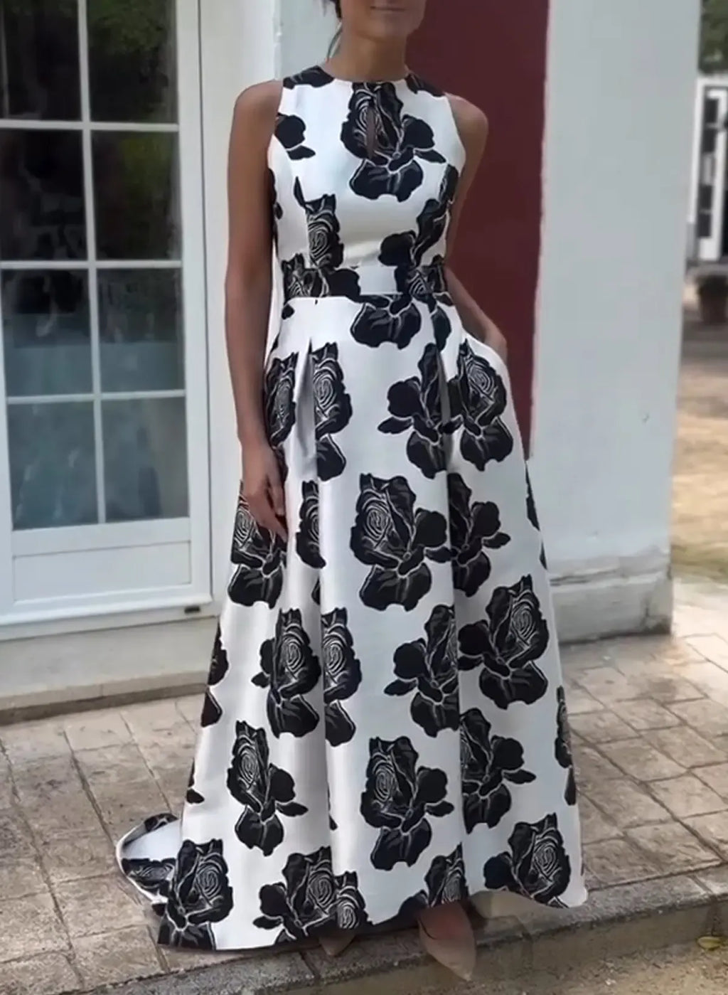 Scoop Neck Sleeveless A-Line Flower Printed Long Prom Dress