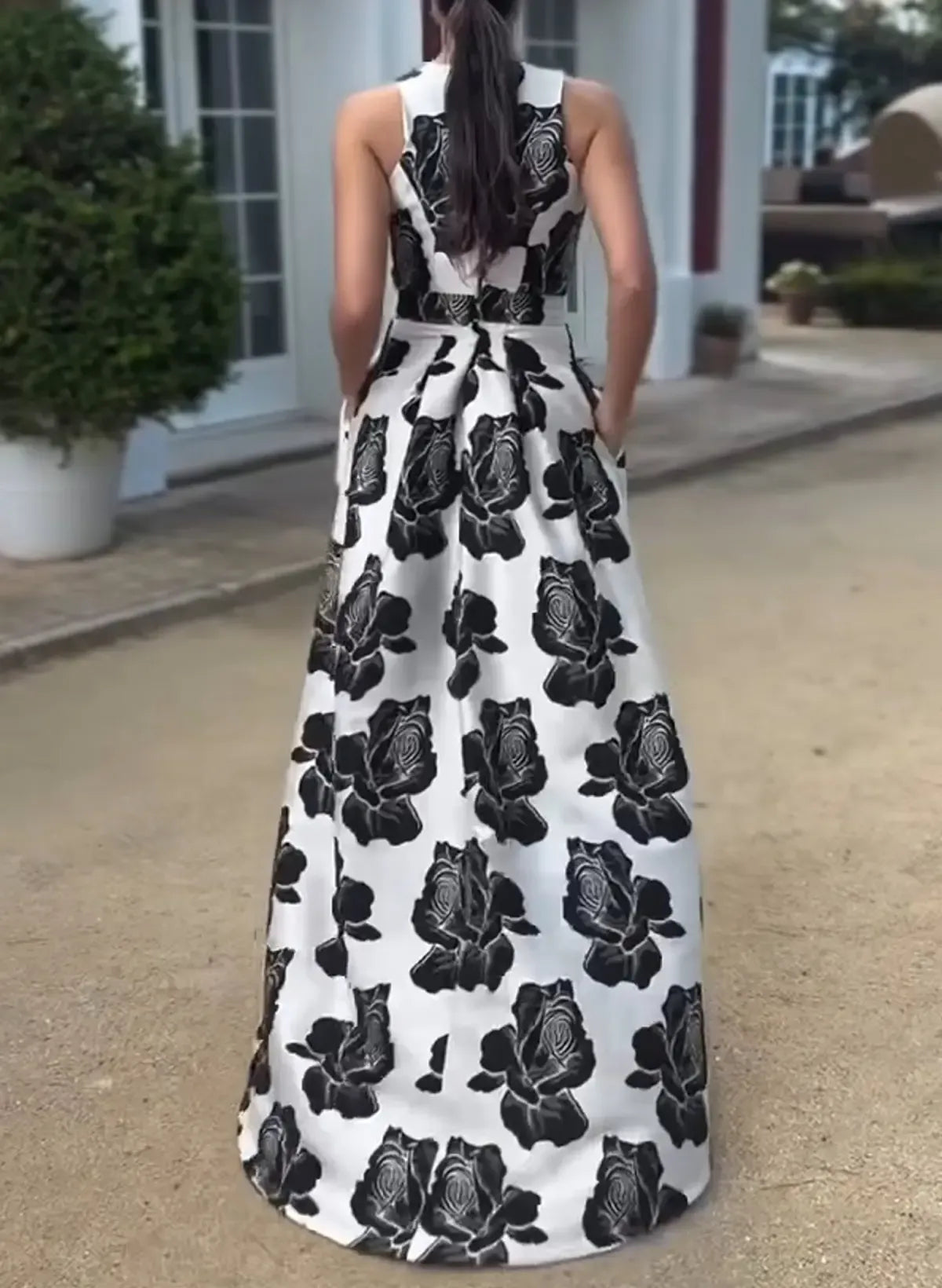 Scoop Neck Sleeveless A-Line Flower Printed Long Prom Dress