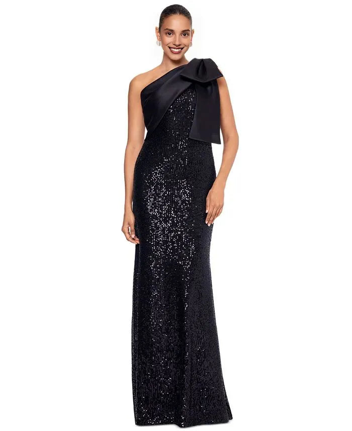 Sheath Asymmetric Neck Sleeveless Sequins Bow knot Floor-Length Prom Dress