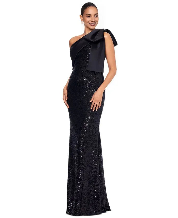 Sheath Asymmetric Neck Sleeveless Sequins Bow knot Floor-Length Prom Dress