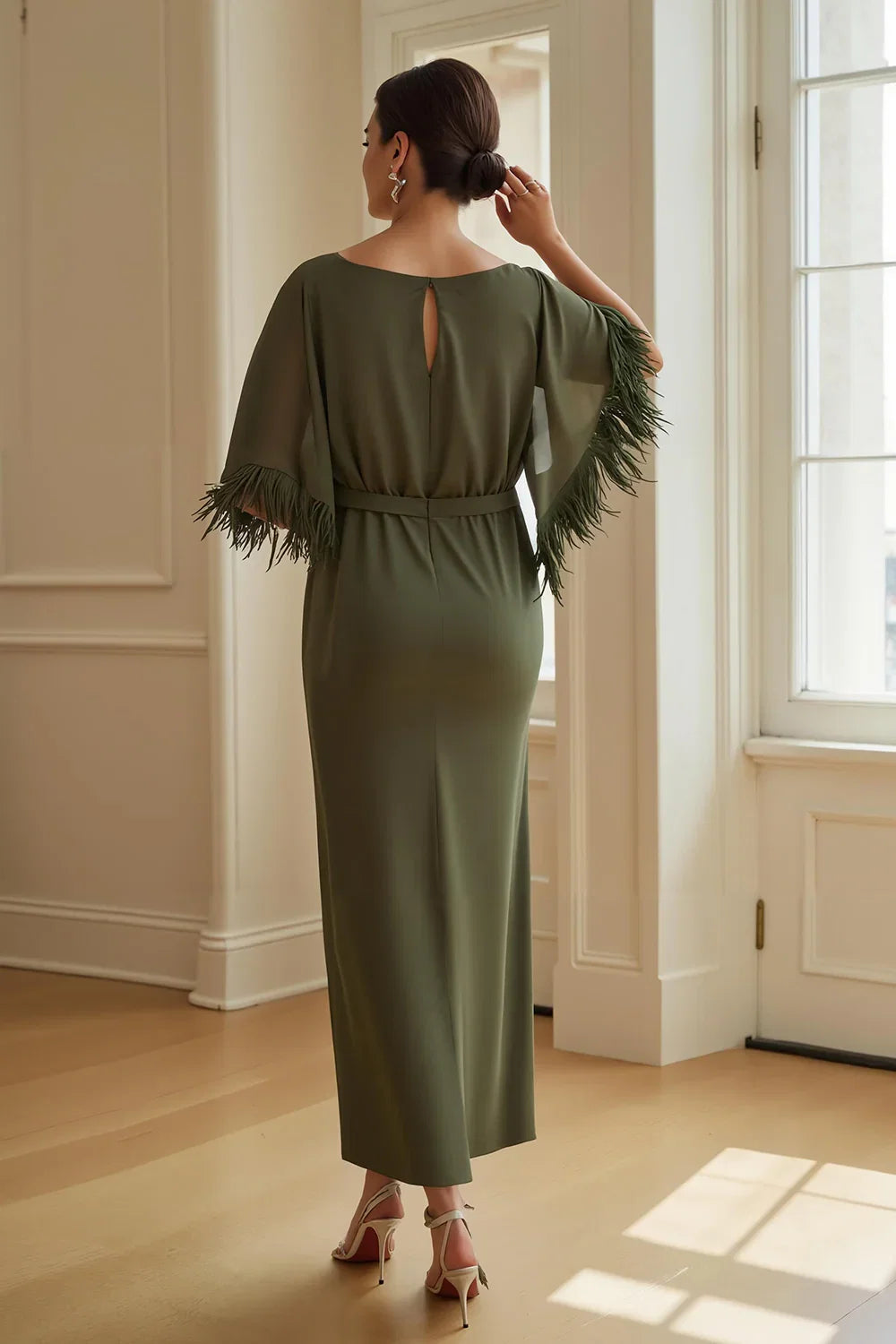 Sheath Boat Neck Short Sleeve Keyhole Back Ankle-Length Mother of the Bride Dress