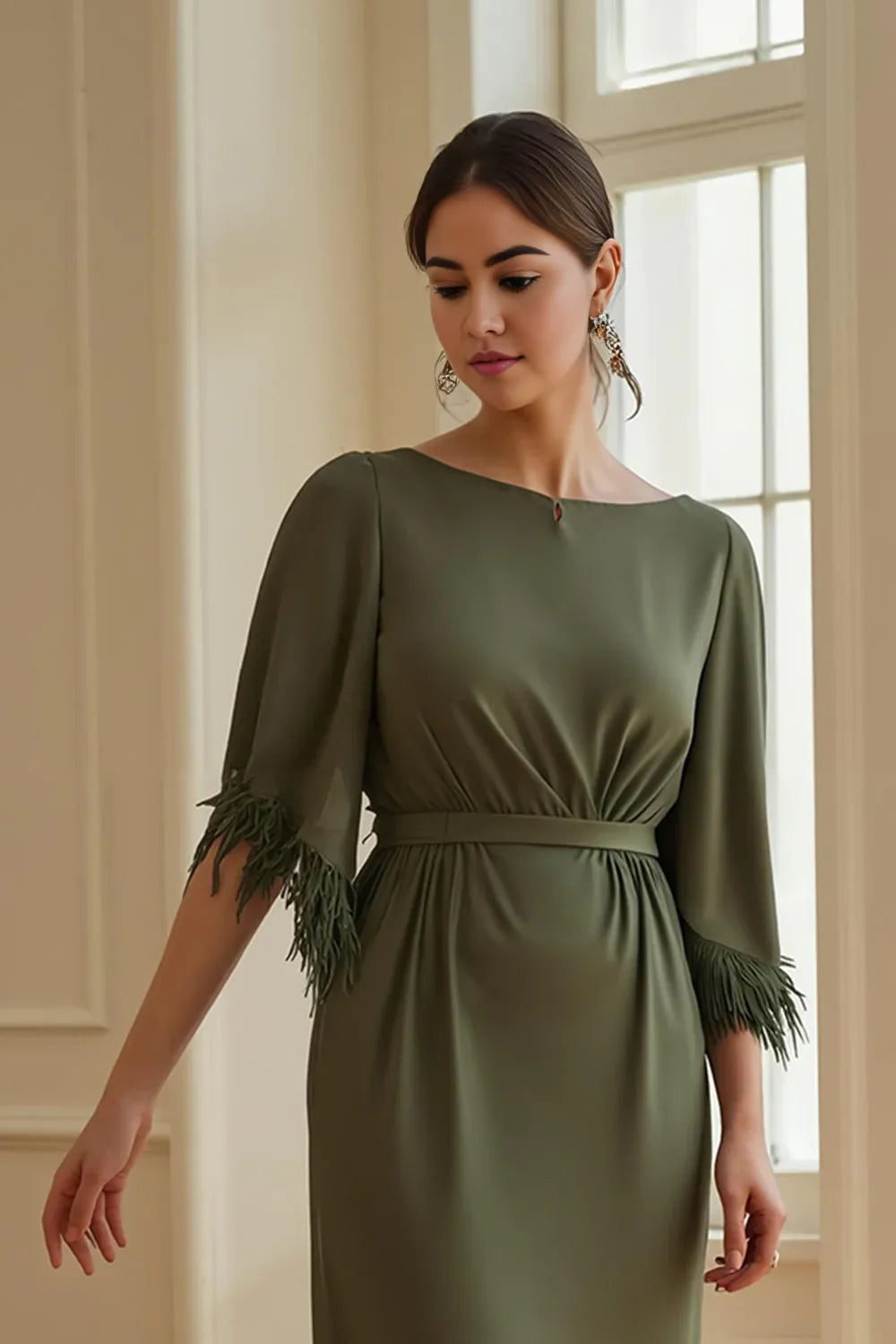 Sheath Boat Neck Short Sleeve Keyhole Back Ankle-Length Mother of the Bride Dress