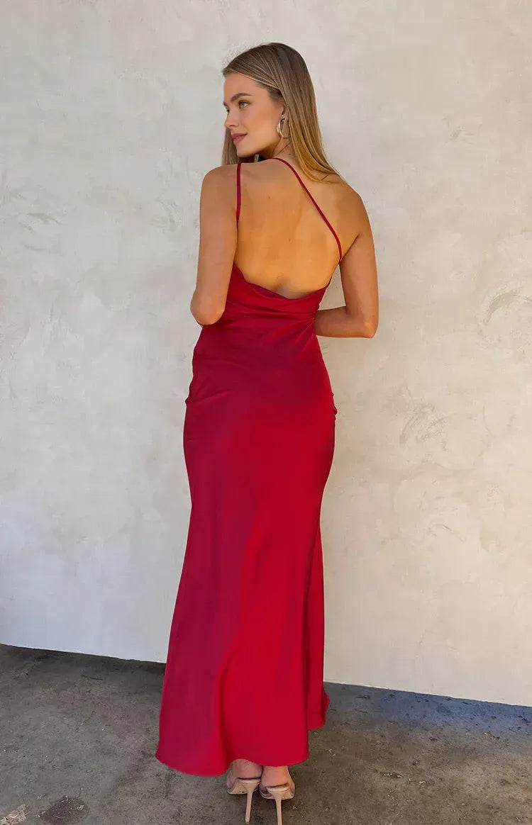 Sheath/Column Asymmetrical Neck Sleeveless Cowl Back Floor-Length Prom Dress
