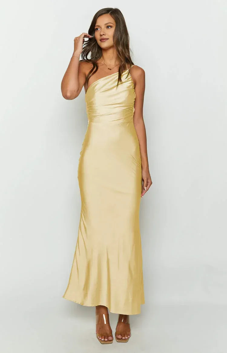 Sheath/Column Asymmetrical Neck Sleeveless Cowl Back Floor-Length Prom Dress