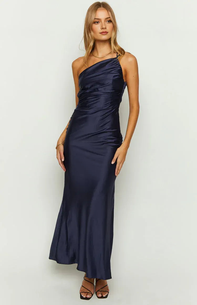 Sheath/Column Asymmetrical Neck Sleeveless Cowl Back Floor-Length Prom Dress