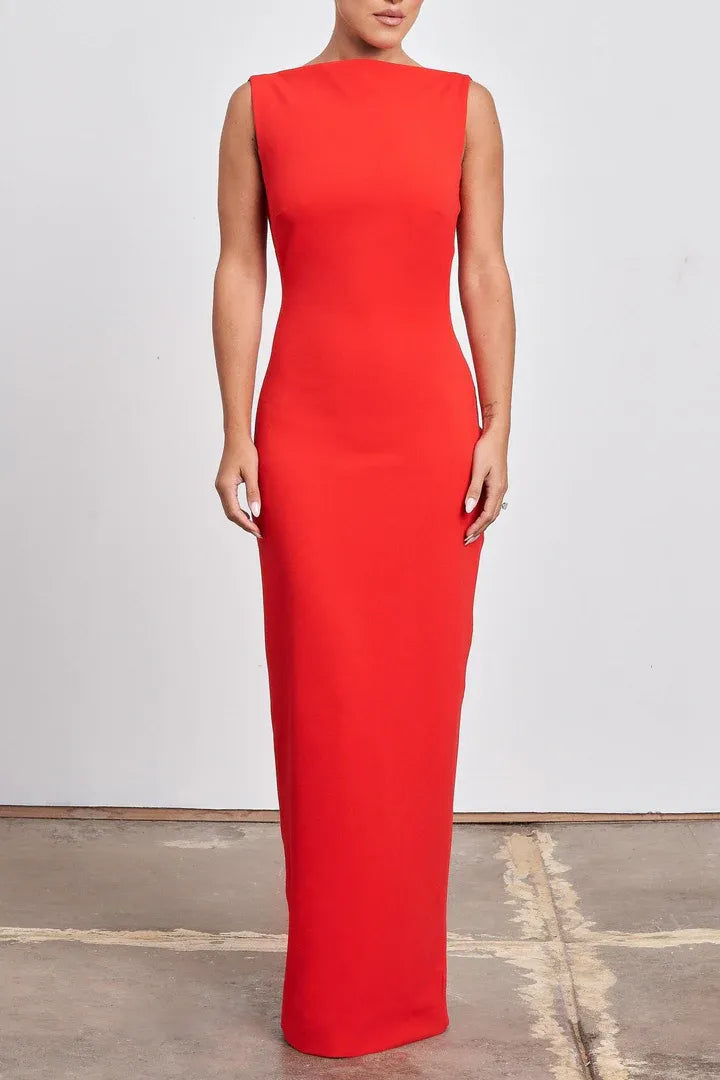 Sheath/Column Boat Neck Sleeveless Backless Floor-Length Prom Dress