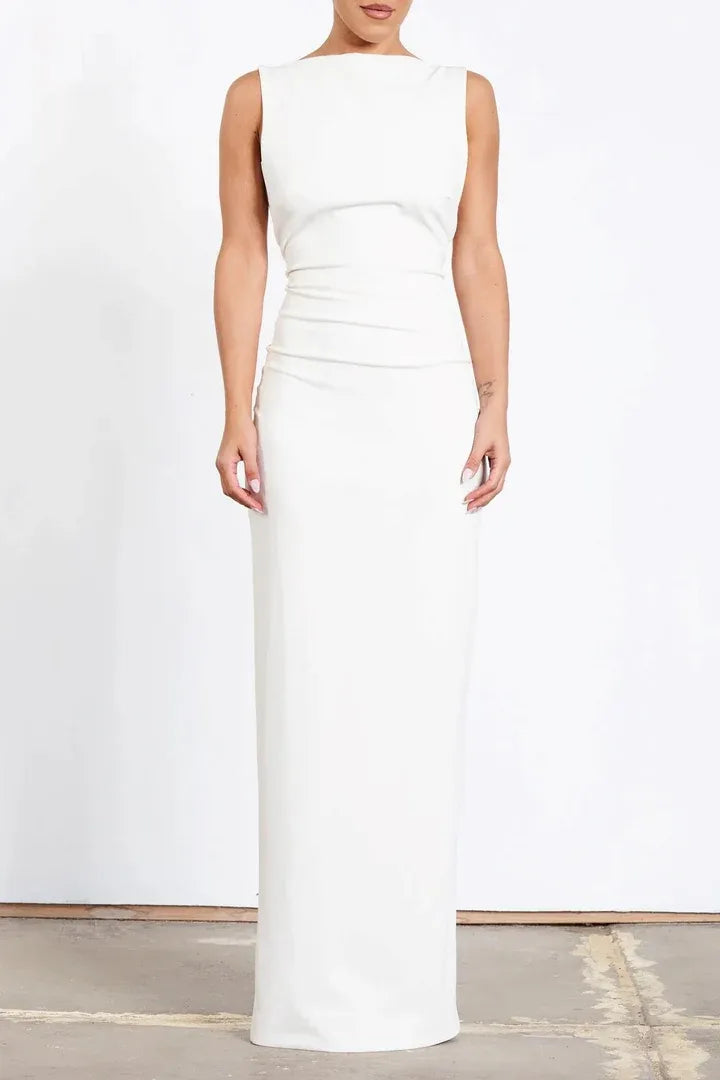 Sheath/Column Boat Neck Sleeveless Backless Floor-Length Prom Dress
