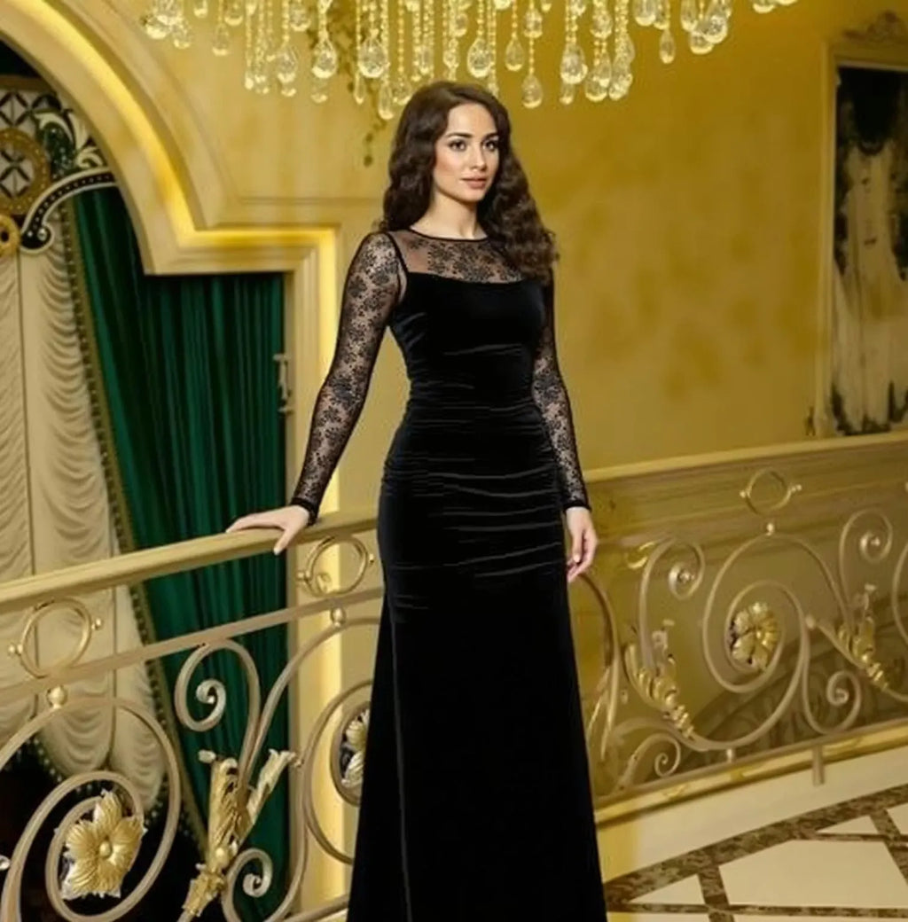 Sheath/Column Illusion Boat Neck Long Sleeve Floor-Length Evening Dress
