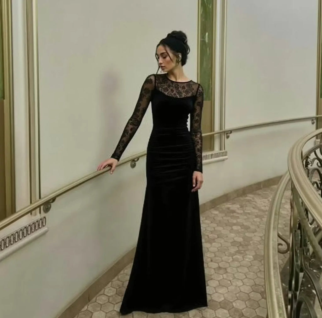 Sheath/Column Illusion Boat Neck Long Sleeve Floor-Length Evening Dress