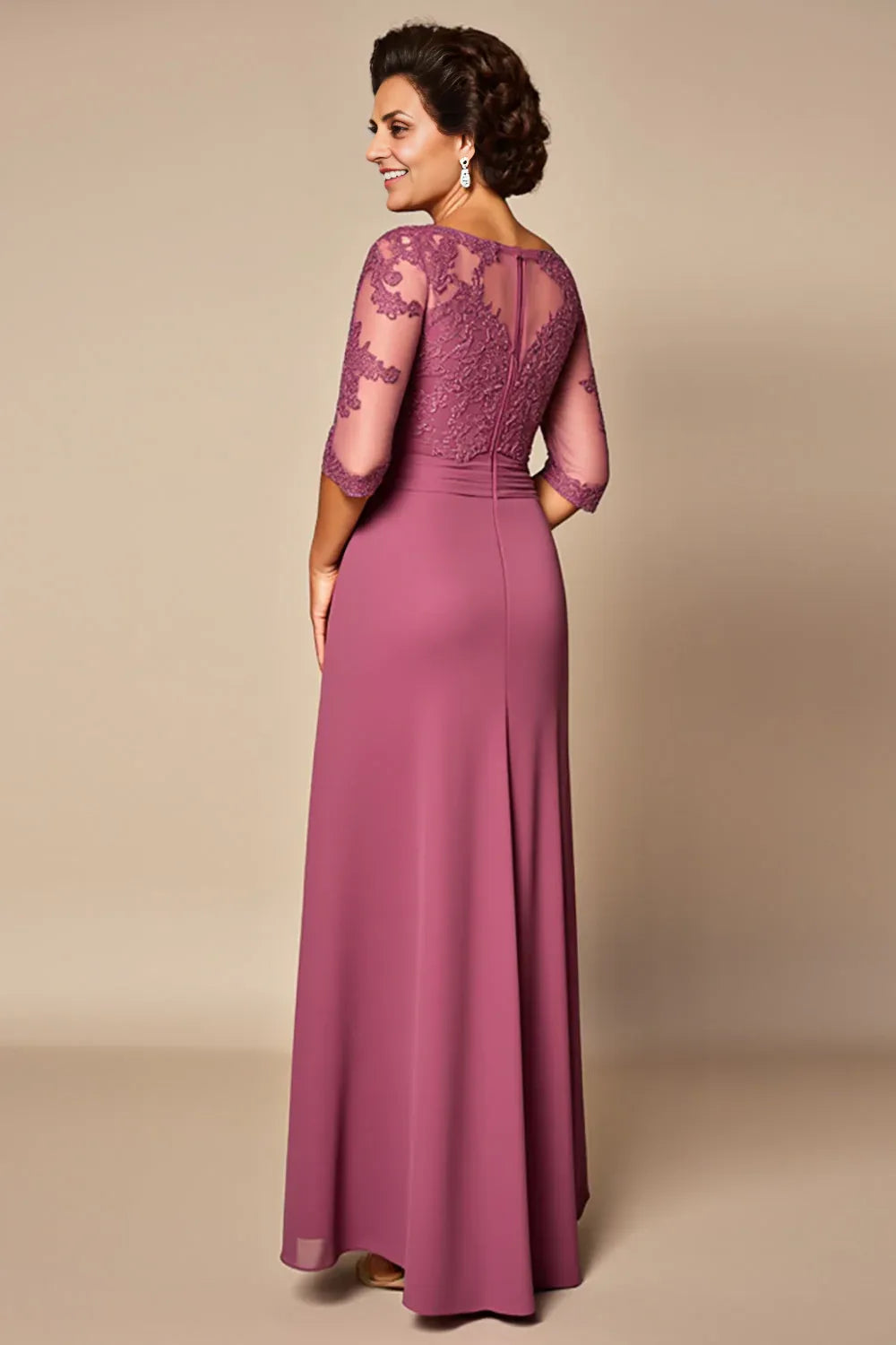 Sheath/Column Illusion Neck Short Sleeves Zipper Up Floor-Length Mother of the Bride Dress