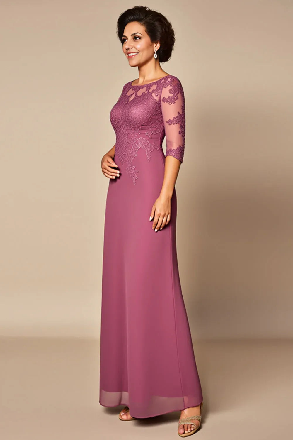 Sheath/Column Illusion Neck Short Sleeves Zipper Up Floor-Length Mother of the Bride Dress