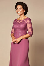 Sheath/Column Illusion Neck Short Sleeves Zipper Up Floor-Length Mother of the Bride Dress