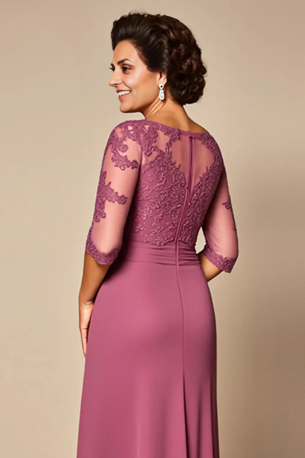Sheath/Column Illusion Neck Short Sleeves Zipper Up Floor-Length Mother of the Bride Dress