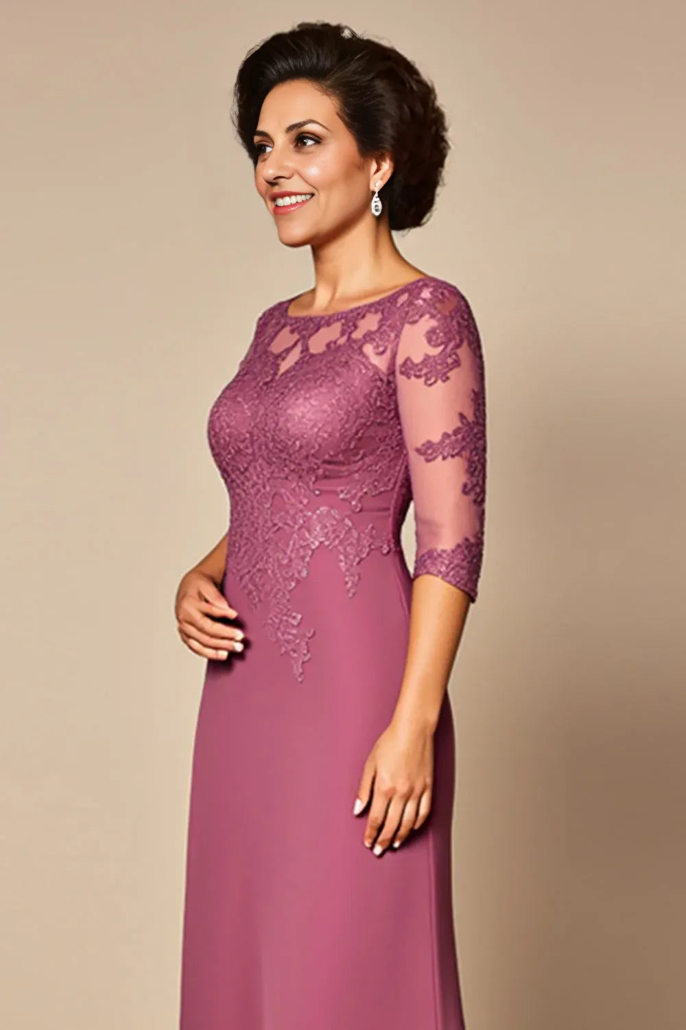 Sheath/Column Illusion Neck Short Sleeves Zipper Up Floor-Length Mother of the Bride Dress