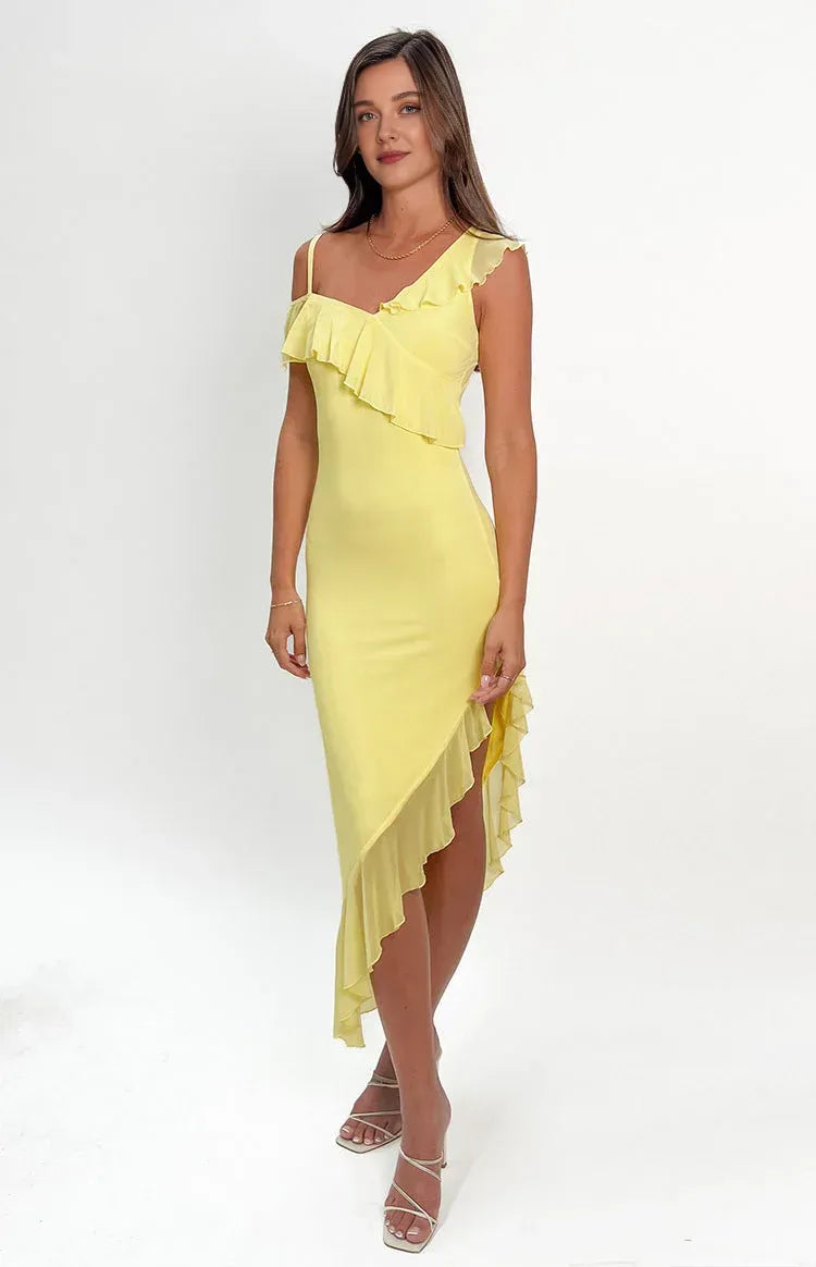 Sheath/Column Spaghetti Straps Sleeveless Backless Asymmetrical Length Prom Dress