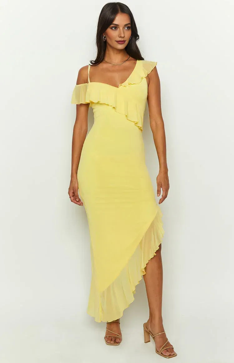 Sheath/Column Spaghetti Straps Sleeveless Backless Asymmetrical Length Prom Dress