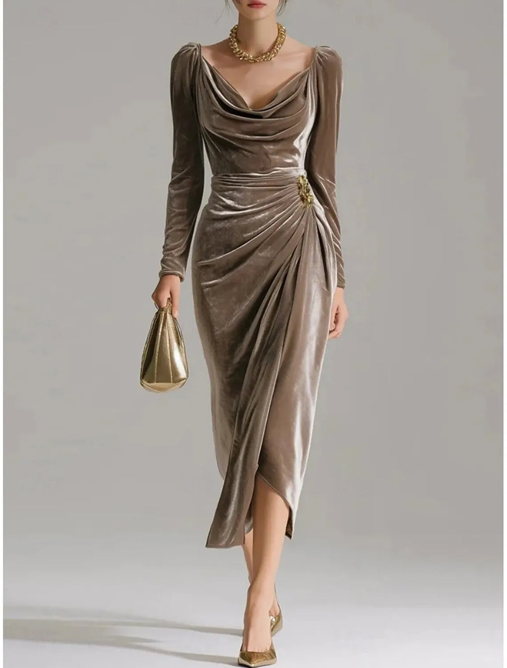 Elegant Sheath Cowl Neck Long-sleeve Ruched Taupe Velvet Midi Evening Dress for Women Hot Sale