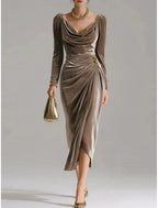 Elegant Sheath Cowl Neck Long-sleeve Ruched Taupe Velvet Midi Evening Dress for Women Hot Sale