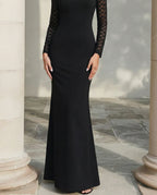 Elegant Mermaid Crew Neck Lace Sleeve Black Floor-Length Evening Dresses