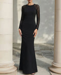Elegant Mermaid Crew Neck Lace Sleeve Black Floor-Length Evening Dresses