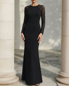 Elegant Mermaid Crew Neck Lace Sleeve Black Floor-Length Evening Dresses