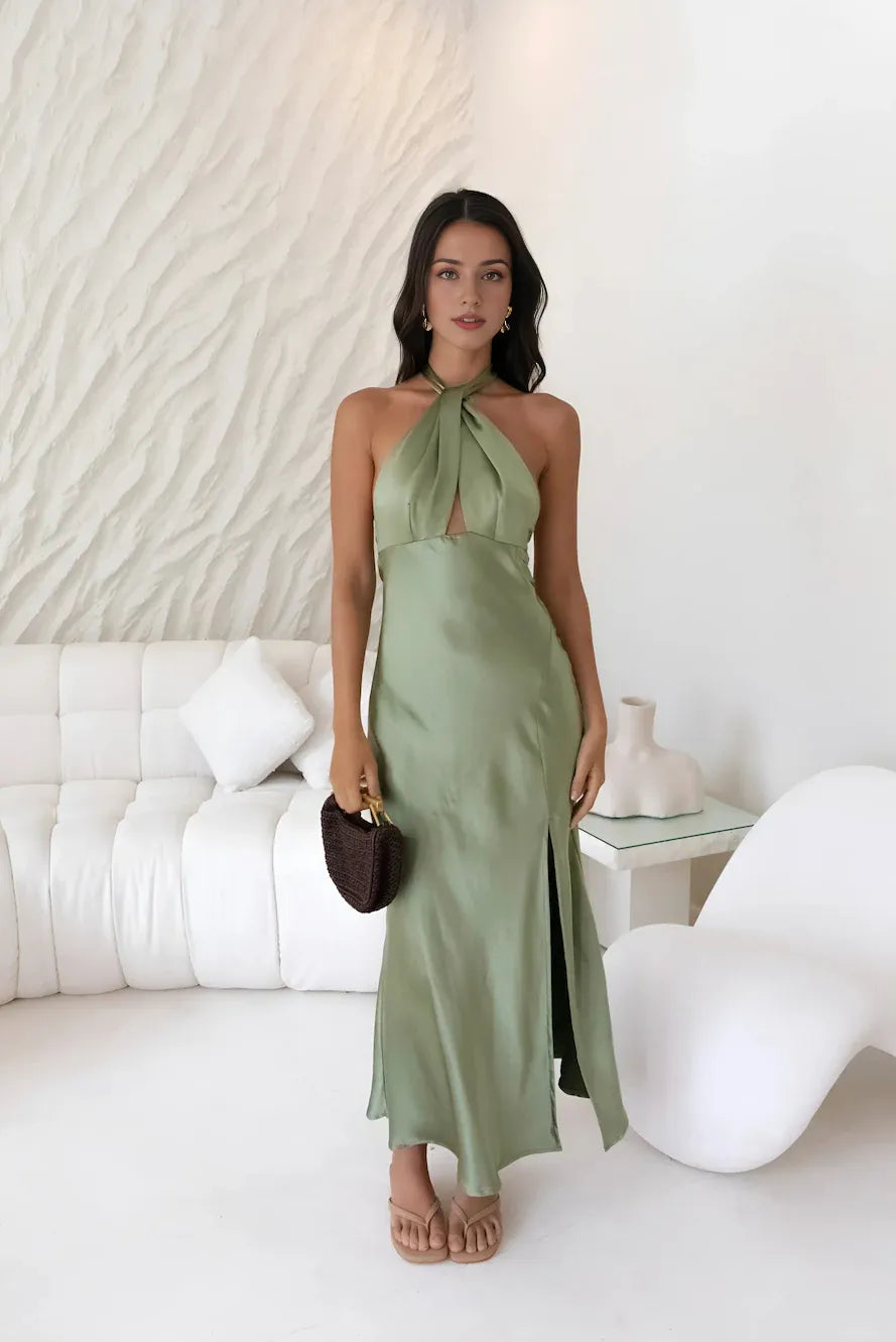 Sheath Halter Neck Sleeveless Open Back Ankle-Length Cocktail Dress